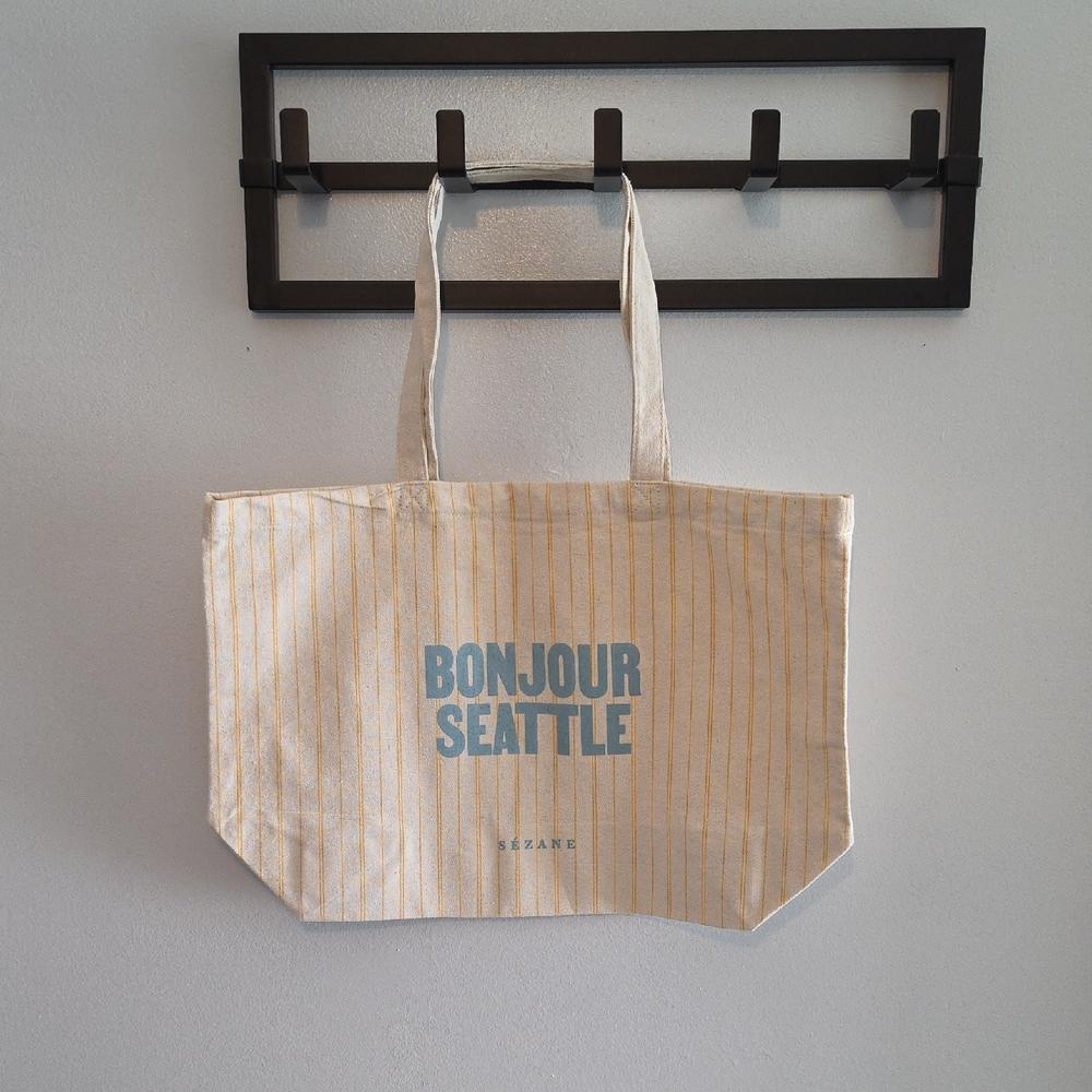 Sézane Cream and Yellow Striped Canvas Tote with Blue Print